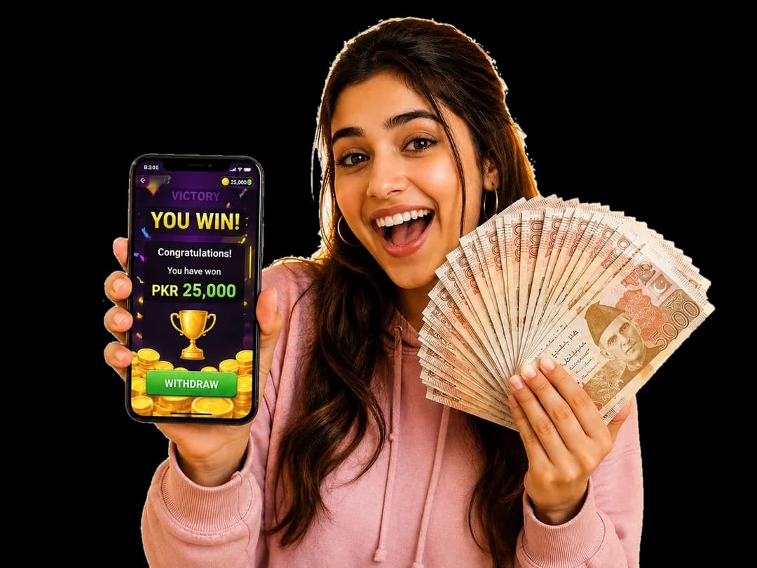 Excited player showing a PKR 25,000 win and holding cash withdrawn via JazzCash & Easypaisa